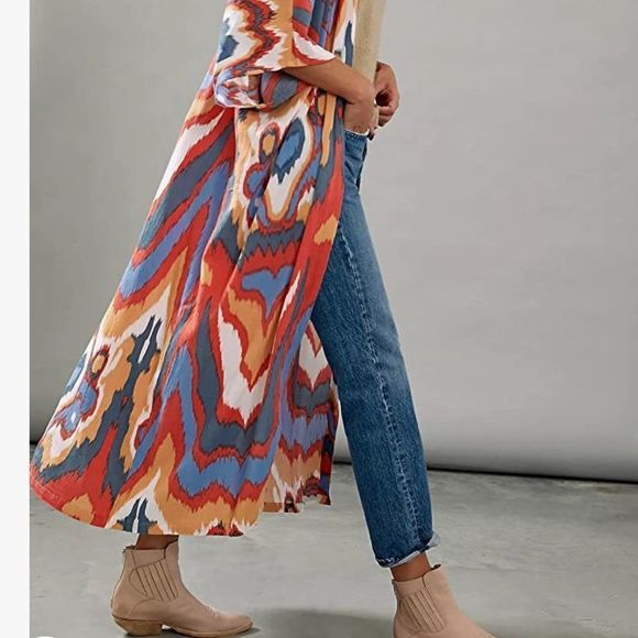 Multicolor Open Longline Three Quarter Sleeve Kimono Duster - Picture 15 of 15